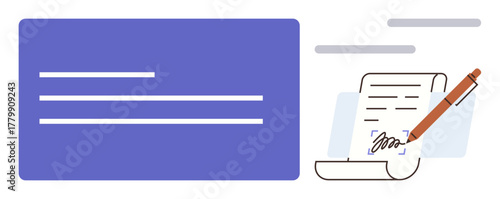Digital text screen with a handwritten signature on a document. Ideal for online contracts, remote work, digital agreements, collaboration, legal processes, modern technology, simple flat metaphor