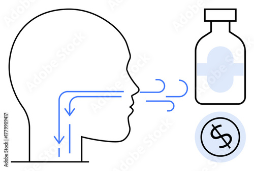 Human profile showing airflow into respiratory system, medicine bottle, and coin with dollar sign. Ideal for health, breathing, medicine, pharmacy, economics treatment respiratory care. Simple flat