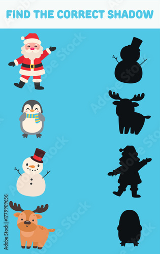 Find the correct shadow. Christmas elements. Isolated background. Vector cartoon illustration.