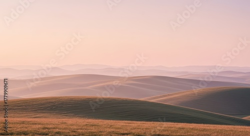 A serene landscape featuring gentle rolling hills under a soft pastel sky, evoking feelings of calm and undisturbed natural beauty, rest, nature, horizon