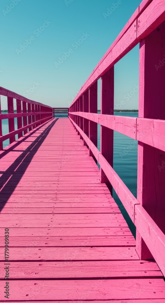 Fototapeta premium A vibrant pink wooden dock extends over still water, reflecting the clear sky and bright colors of the tranquil waterfront area, surface, still, tranquil