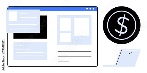 Website layout with floating cards, dollar sign circle, and laptop. Ideal for web design, online business, app development, e-commerce, finance marketing education. Simple flat metaphor