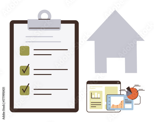 Clipboard with checklist, house outline, and analytics tools representing tasks, productivity, and home planning. Ideal for organization, tracking, reporting, real estate planning monitoring