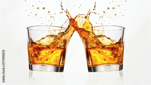 Two glasses of amber liquid clinking together, creating a splash