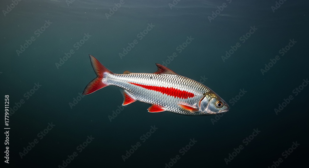 Fototapeta premium Redstripe shiner fish swimming underwater in blue water