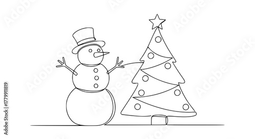 snowman with christmas tree continous lineart