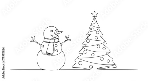 christmas tree with snowman continous lineart