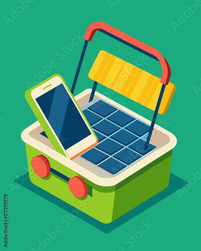 A convenient and ecofriendly picnic companion a basket with solar panels for onthego device charging.. Vector illustration