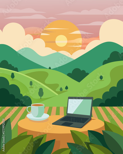 A peaceful morning in the rolling hills of the tea plantation with the soft hum of a laptop nearby.. Vector illustration