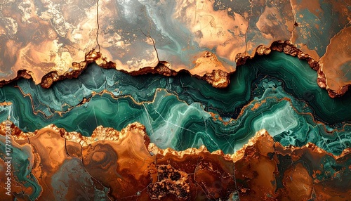Abstract close-up of vibrant green and earthy brown mineral layers, resembling a river flowing through a textured landscape.