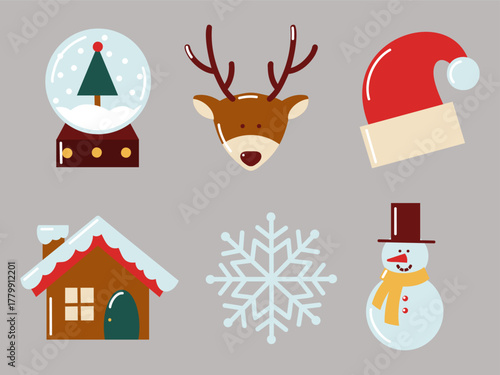 Flat winter set with snow globe, reindeer, Santa hat, snowflake and snowman. Vector isolated illustration. 