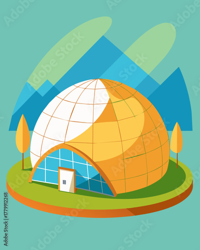 A beautiful flexible solar skin embracing the curved surface of a geodesic dome home.. Vector illustration