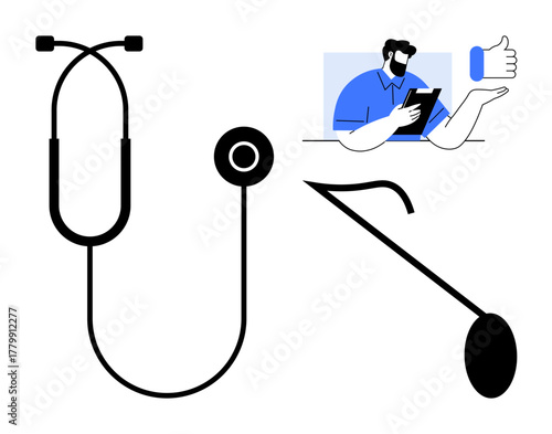 Stethoscope, otoscope, and a doctor engaging with digital tools, suggesting technology in healthcare. Ideal for medicine, telehealth, diagnosis, digital consultation, modern medical tools patient