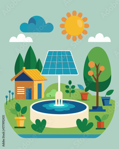 A community garden with a sustainable solarpowered water fountain showcasing the importance of renewable energy sources in daily life.. Vector illustration