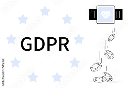 GDPR text with stars, smartwatch displaying heart icon, coins falling. Ideal for data security, privacy, healthcare technology, wearable devices, regulation impact, monetization concerns simple flat