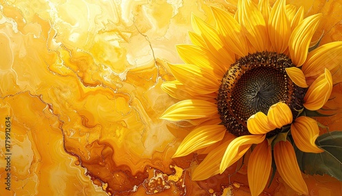 Vibrant Sunflower on Abstract Golden Yellow Watercolor Background.