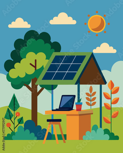 A cozy work nook located in a community garden powered by a solar panel hanging on a nearby tree.. Vector illustration