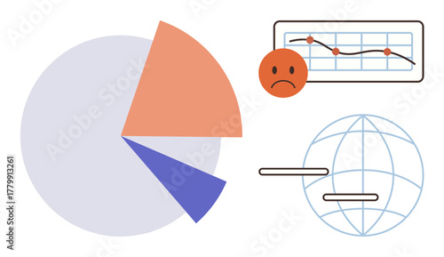 Pie chart segments, sad face with declining graph, and a grid globe with bars suggest economic downturn. Ideal for finance, global crisis, analytics, investment, statistics, risk and simple flat