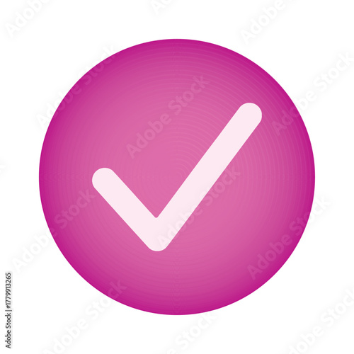 Pink positive vote round button with checkmark accept complete task badge vector illustration. Success confirmation logotype keypad agree approved check mark. Done checkbox. Tick button emoji icon.