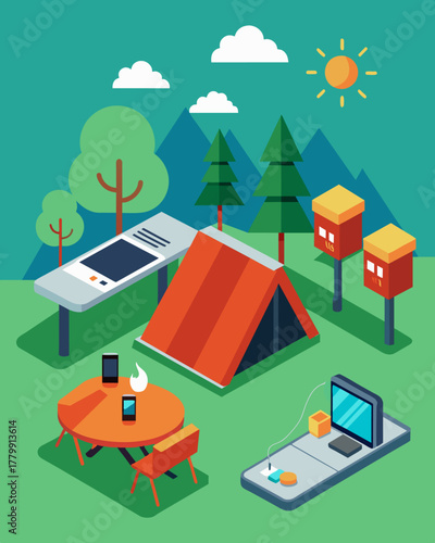 A familyfriendly campground with picnic tables equipped with solar chargers providing a green way for campers to charge their phones and tablets during their stay.. Vector illustration