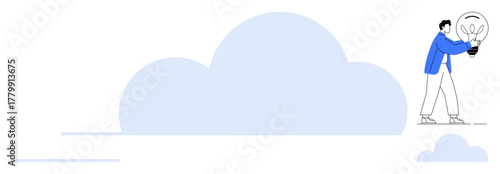 Person holding glowing light bulb walking on cloud. Ideal for innovation, ideas, creativity, imagination, cloud computing, problem solving, growth. Modern simple flat metaphor