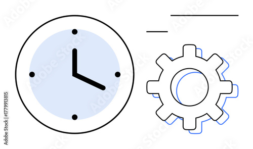 Clock and gear emphasizing teamwork, efficiency, planning. Ideal for productivity, optimization, workflow, time tracking, goal setting scheduling and strategy. Simple flat metaphor