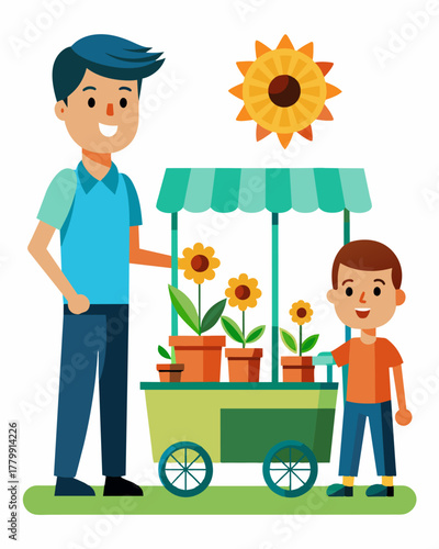 A father and son team proudly showcase their solarpowered flower cart the panels providing energy for lights to keep the blooms fresh and eyecatching.. Vector illustration
