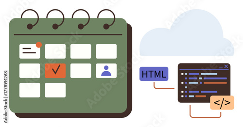 Calendar layout with highlighted elements connected to cloud and coding labels HTML, illustrating digital planning, scheduling, and web development. Ideal for technology, web design, coding, project