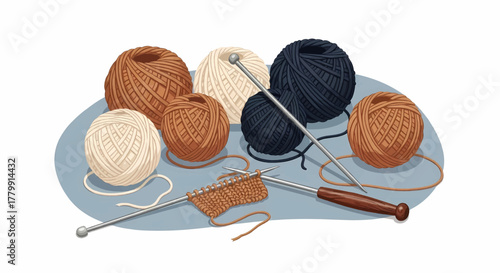 Various skeins of wool yarn with knitting needles and a crochet hook for handmade crafts, vector illustration