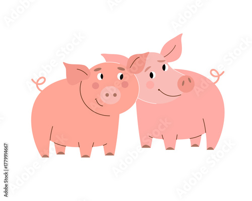 Two cute pink pigs snuggle together and smile. Vector children's illustration of piggy bank, farm animals, store sticker, or good luck charm on white isolated background.