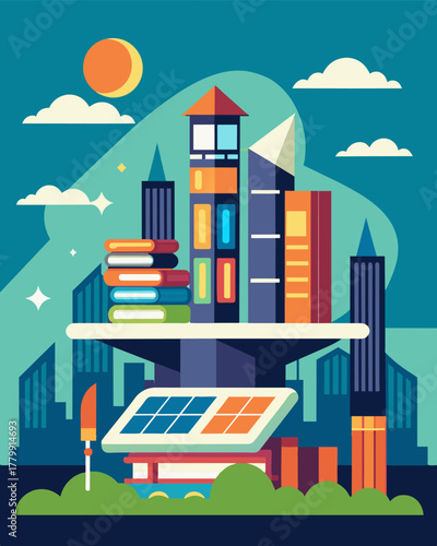 A futuristiclooking library on the outskirts of a bustling metropolis powered by solar energy and equipped with a unique collection of solarpowered ebooks.. Vector illustration
