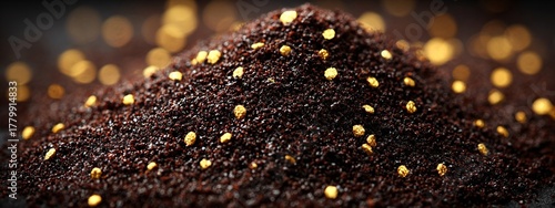 a close-up view of a mound of dark brown soil with small yellow specks