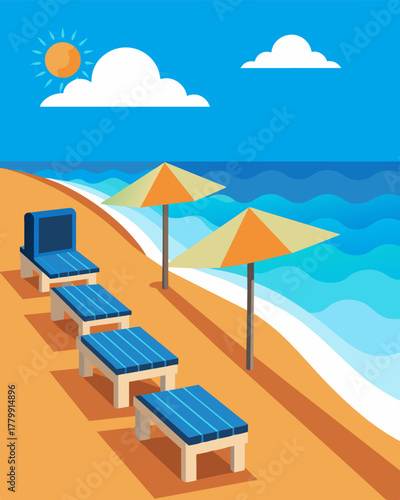 A beach boardwalk with benches featuring solarpowered charging ports providing a spot for beachgoers to relax and charge their devices before heading back to the sand.. Vector illustration