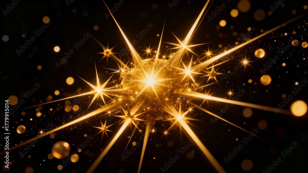 Obraz premium A radiant burst of golden light and sparkling particles against a dark background, creating a dynamic and festive visual effect.