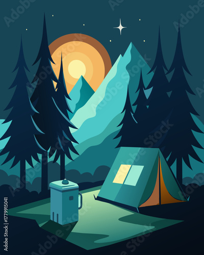 A campsite deep in the woods is lit up by the soft glow of a solarpowered fridge providing campers with a cold drink after a day of hiking.. Vector illustration