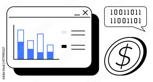 Bar graph on web window, speech bubble with binary code, and dollar coin highlight data-driven financial analysis. Ideal for finance, technology, data, strategy, analytics, innovation digital