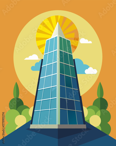 A glasscovered skyscraper reflects the suns rays while its hidden secret lies in the solar panels layered underneath providing clean energy for the building.. Vector illustration