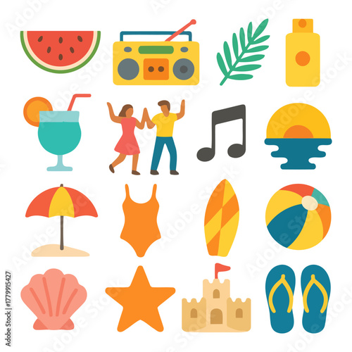 Summer Bliss Icon Array: A vibrant array of summertime icons encapsulates the essence of the season, evoking a sense of fun, relaxation, and carefree days.