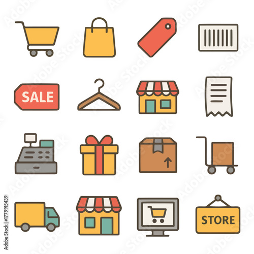Commerce Icons: A set of colorful icons symbolizing various aspects of commerce, including shopping carts, shopping bags, tags, storefronts, and delivery trucks. Designed with a clean.