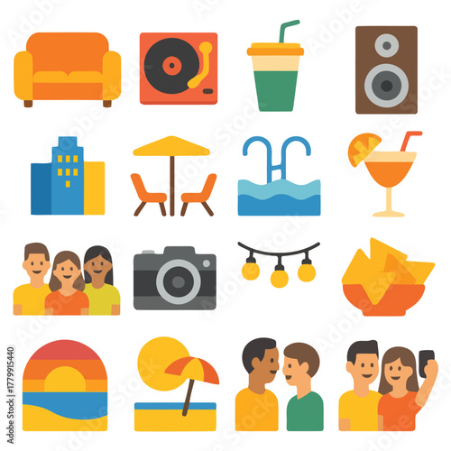 Modern Recreation Collection: A vibrant compilation of essential elements for leisure, capturing the spirit of relaxation and recreation, from serene sunsets to convivial gatherings.