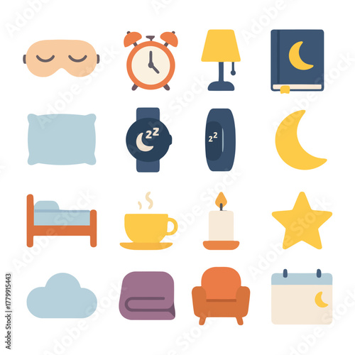 Restful Icons: A serene compilation of sleep-related icons evokes a sense of calm and peaceful rest, ideal for illustrating sleep and dream-related themes.