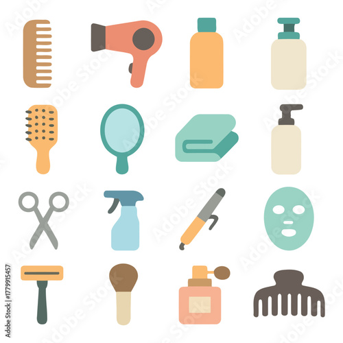 Beauty Essentials: A vibrant collection of beauty and grooming essentials, from a comb to a curling iron, providing a comprehensive overview of self-care and personal styling.