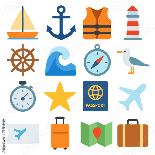Journey Essentials Icon Set: An array of colorful icons, each representing an element essential to the joys of travel. A collection of visual cues that signal adventure and exploration