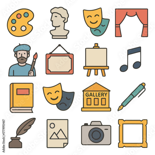 Artistic Expressions: A vibrant array of art icons, symbols of creativity and cultural heritage, perfect for design and education.