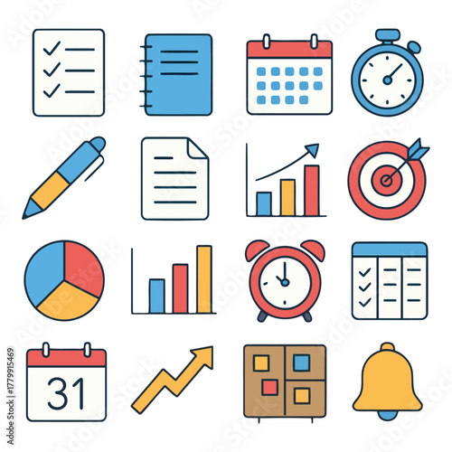 Time Management Icon Collection: A comprehensive compilation of colorful icons representing various aspects of time management and organization.