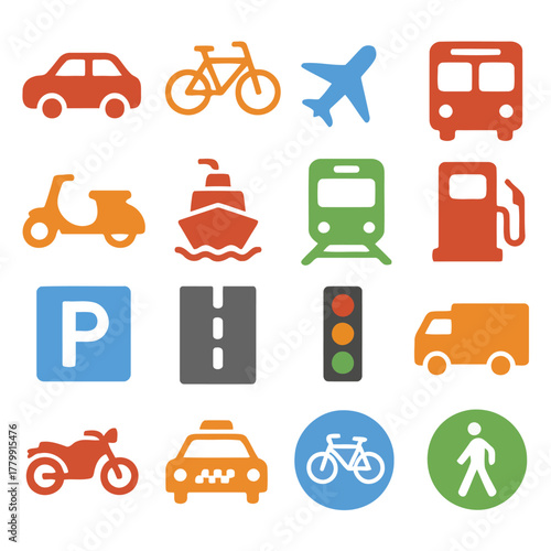 Transportation Icon Collection: A vibrant compilation of essential transportation symbols, from cars and bicycles to planes and buses, rendered in a lively and accessible style.