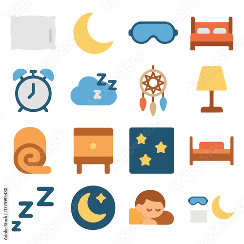 Dreamy Sleep Essentials Icon Set: A collection of various icons related to sleep. Featuring various essentials for restful slumber. Explore the different items
