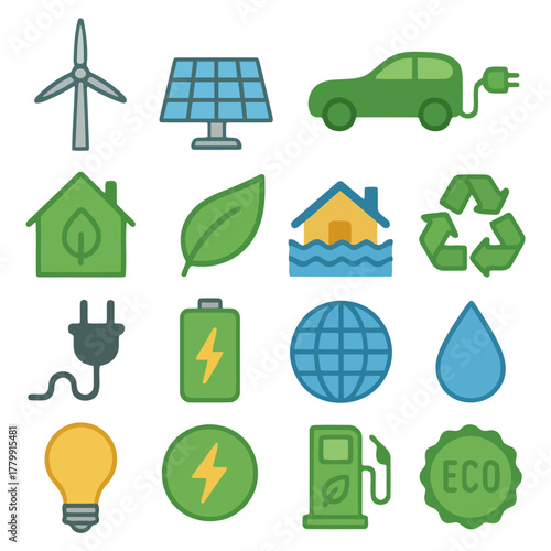 Eco-Friendly Icons: A vibrant collection of eco-friendly icons representing renewable energy sources and sustainable practices