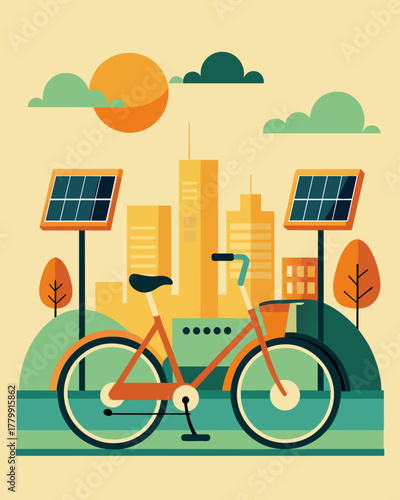 A community bike rental program where solar charging stations are strategically p throughout the city for locals and tourists to access for ecofriendly transportation.. Vector illustration