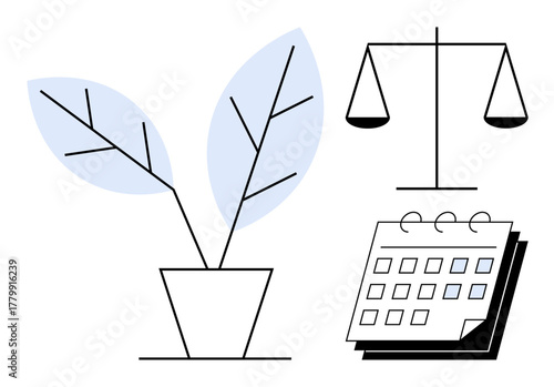 Potted plant, balanced scales, and calendar suggest harmony, justice, growth, and time management. Ideal for legal, environmental, wellness productivity sustainability ethics growth concepts
